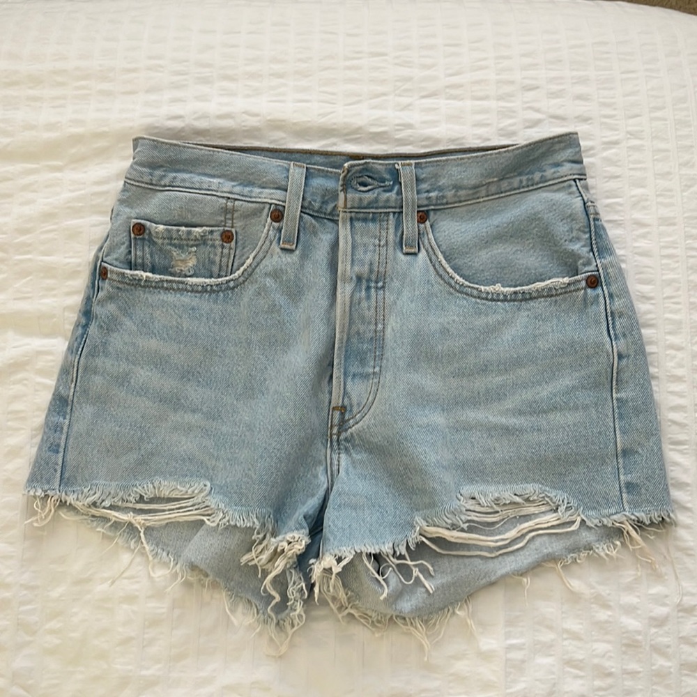 Levi’s 501 Light Blue Frayed Denim Shorts
